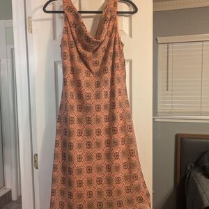 Elegant Patterned Dress in Peach and Brown